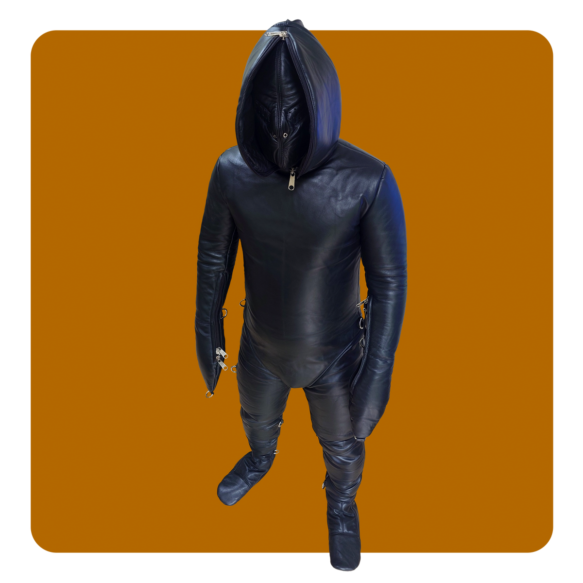 leather bondage suit padded with double hood mitts and boots. Full leather coverage fetish dungeon sub slave dom