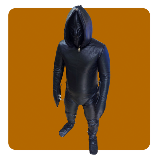 leather bondage suit padded with double hood mitts and boots. Full leather coverage fetish dungeon sub slave dom