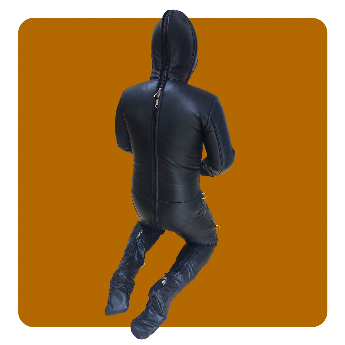leather bondage suit padded with double hood mitts and boots. Full leather coverage fetish dungeon sub slave dom