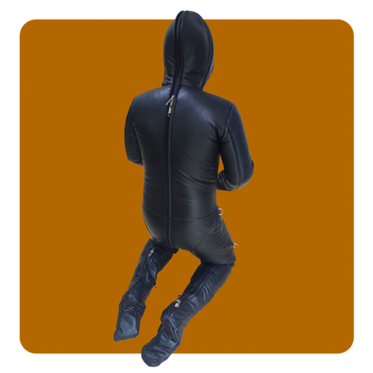 leather bondage suit padded with double hood mitts and boots. Full leather coverage fetish dungeon sub slave dom