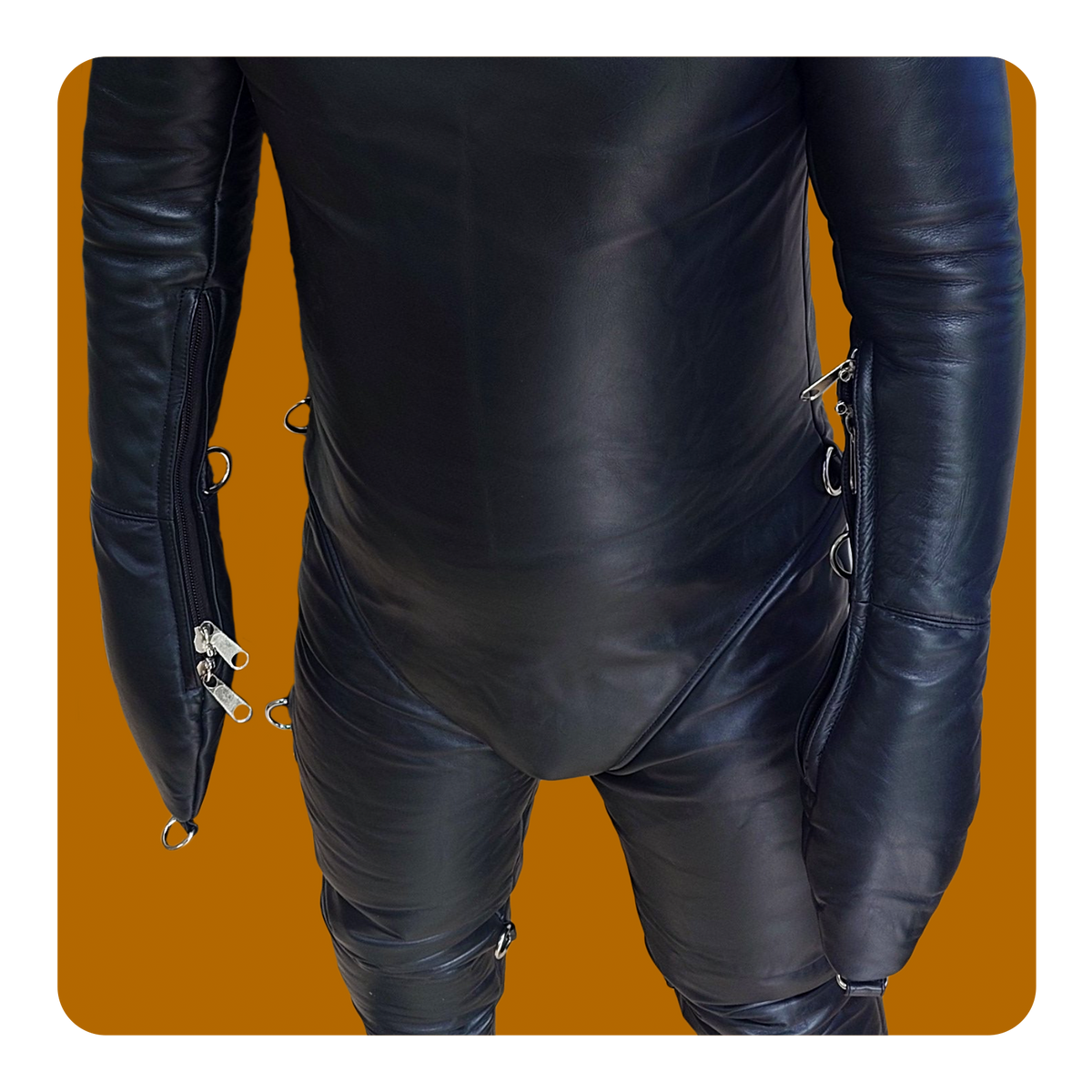 leather bondage suit padded with double hood mitts and boots. Full leather coverage fetish dungeon sub slave dom