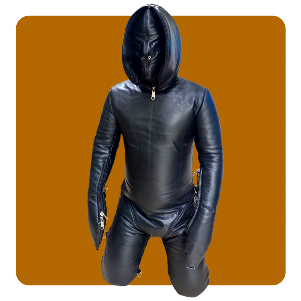 leather bondage suit padded with double hood mitts and boots. Full leather coverage fetish dungeon sub slave dom