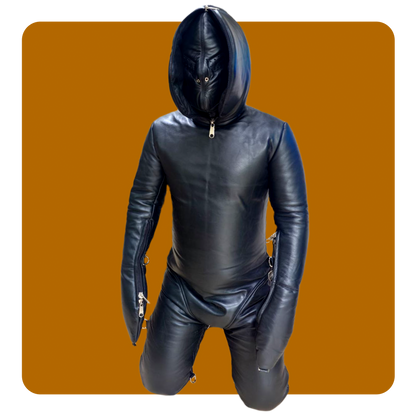 leather bondage suit padded with double hood mitts and boots. Full leather coverage fetish dungeon sub slave dom