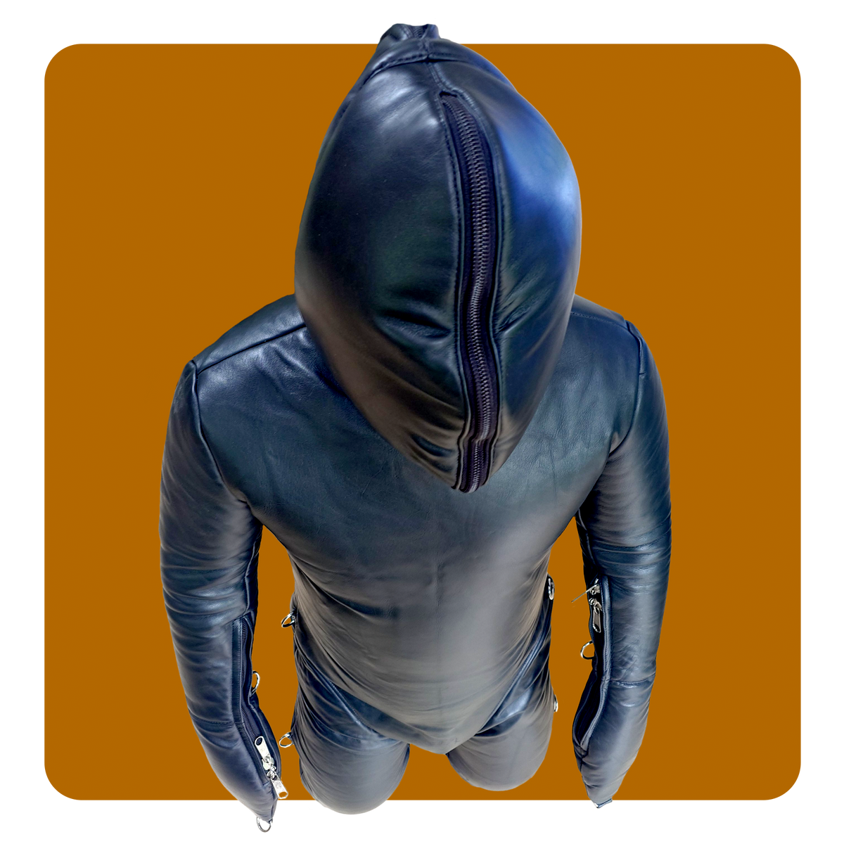 leather bondage suit padded with double hood mitts and boots. Full leather coverage fetish dungeon sub slave dom