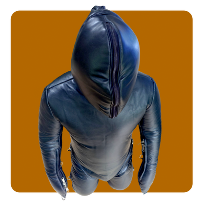 leather bondage suit padded with double hood mitts and boots. Full leather coverage fetish dungeon sub slave dom