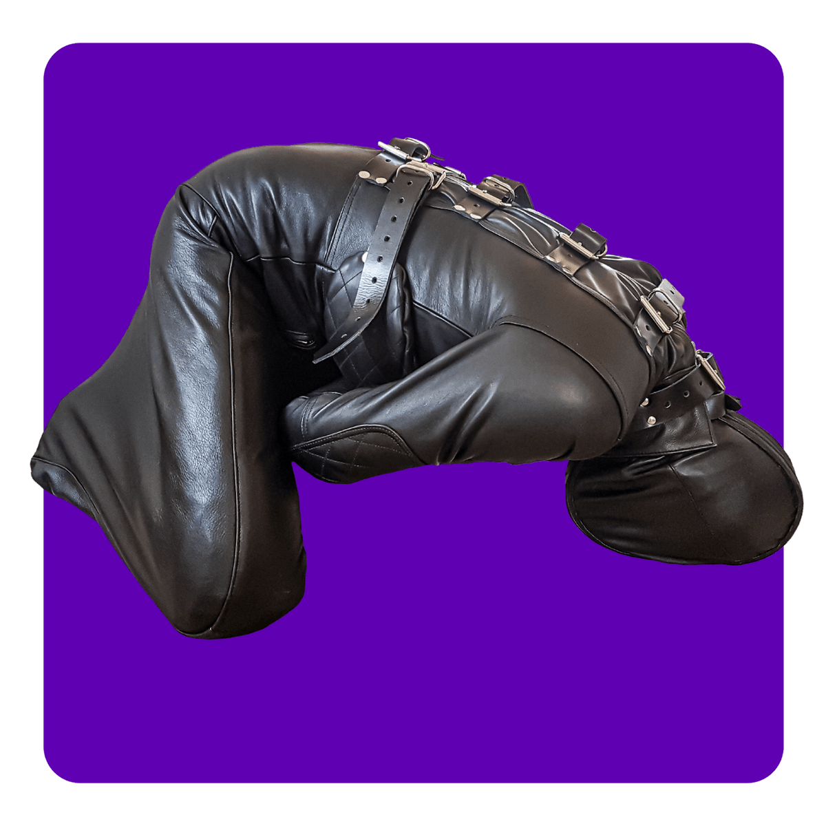 Leatherprison puppy suit, straitjacket style top, legs bent, leather bondage, fetish, dungeon, sub, slave, dom
