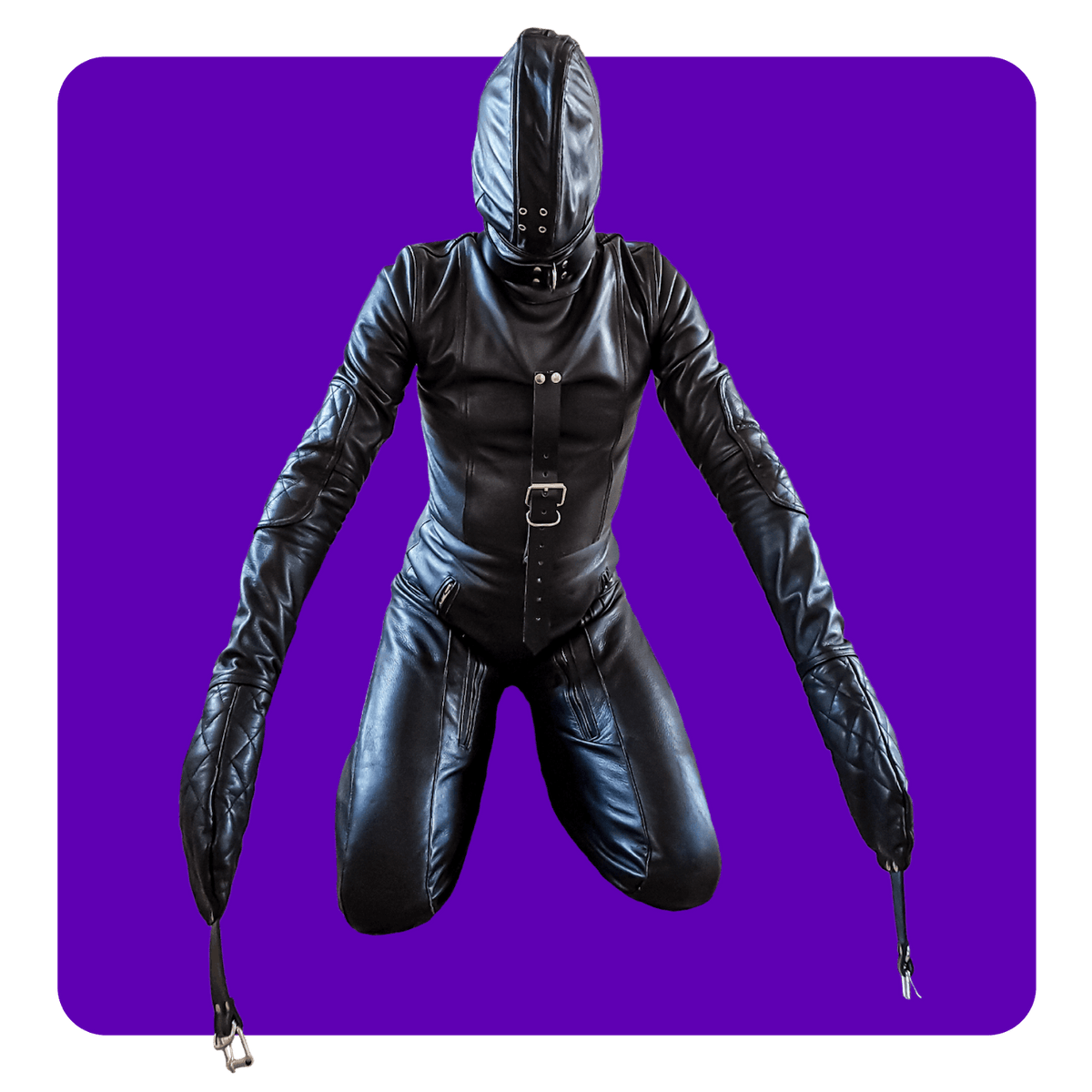 Leatherprison puppy suit, straitjacket style top, legs bent, leather bondage, fetish, dungeon, sub, slave, dom