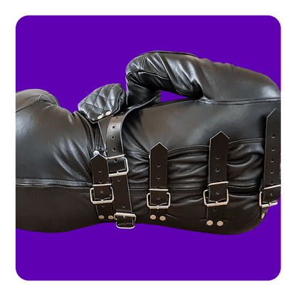 Leatherprison puppy suit, straitjacket style top, legs bent, leather bondage, fetish, dungeon, sub, slave, dom