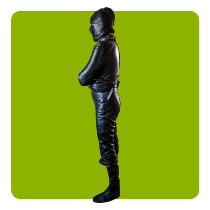Leatherprison leather straijacket catsuit, bondage, fetish, slave, sub, dom, dungeon