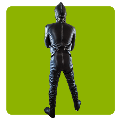 Leatherprison leather straijacket catsuit, bondage, fetish, slave, sub, dom, dungeon