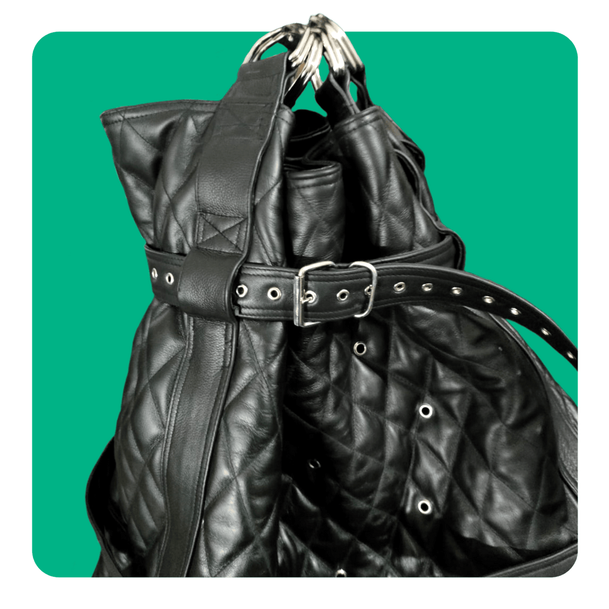 bondage mail sack by leatherprison, leather bondage, fetish, sack, suspension, dungeon, sub, dom, slave