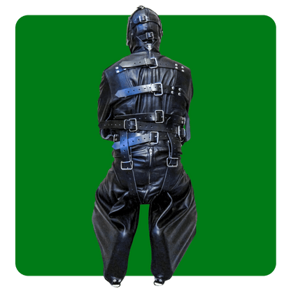 Leatherprison leather split puppy suit, straitjacket, bondage, fetish, slave, sub, dom, dungeon