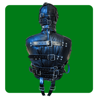 Leatherprison leather split puppy suit, straitjacket, bondage, fetish, slave, sub, dom, dungeon