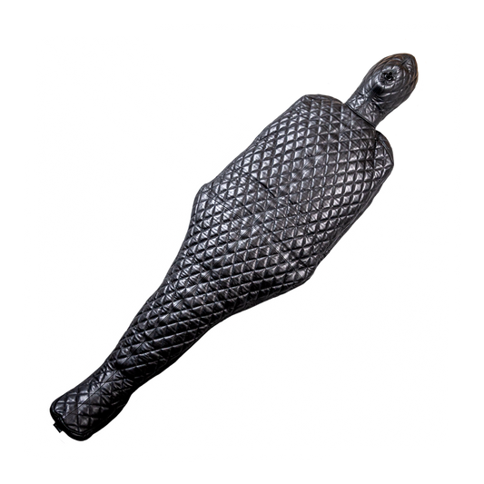 Quilted Leather bondage sleepsack, leather lined, fetish experience, back zip, hooded, internal sleeves. The ultimate in leather bondage