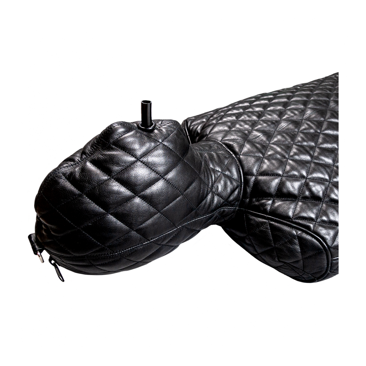 Quilted Leather bondage sleepsack, leather lined, fetish experience, back zip, hooded, internal sleeves. The ultimate in leather bondage