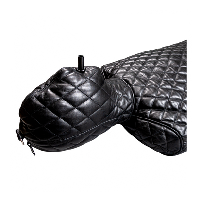 Quilted Leather bondage sleepsack, leather lined, fetish experience, back zip, hooded, internal sleeves. The ultimate in leather bondage