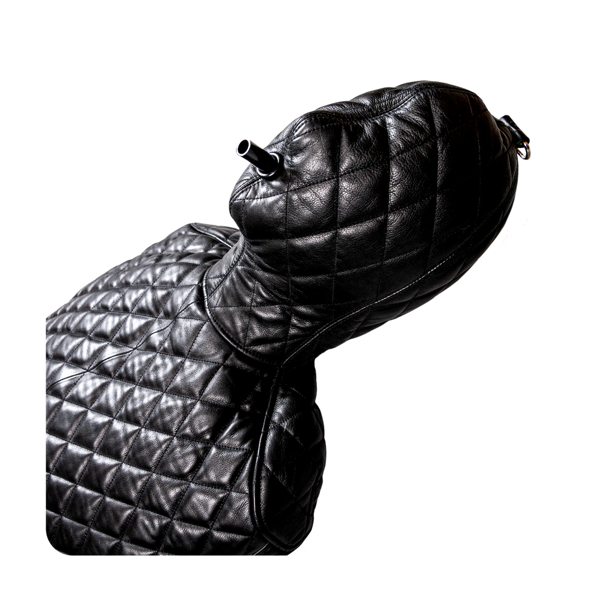 Quilted Leather bondage sleepsack, leather lined, fetish experience, back zip, hooded, internal sleeves. The ultimate in leather bondage