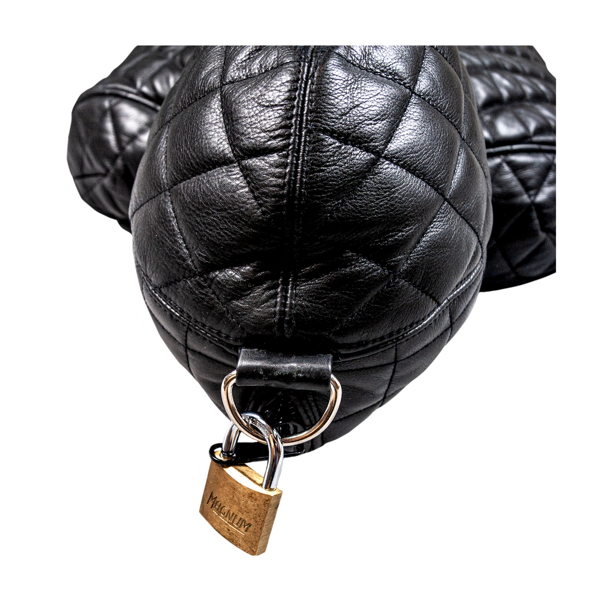 Quilted Leather bondage sleepsack, leather lined, fetish experience, back zip, hooded, internal sleeves. The ultimate in leather bondage