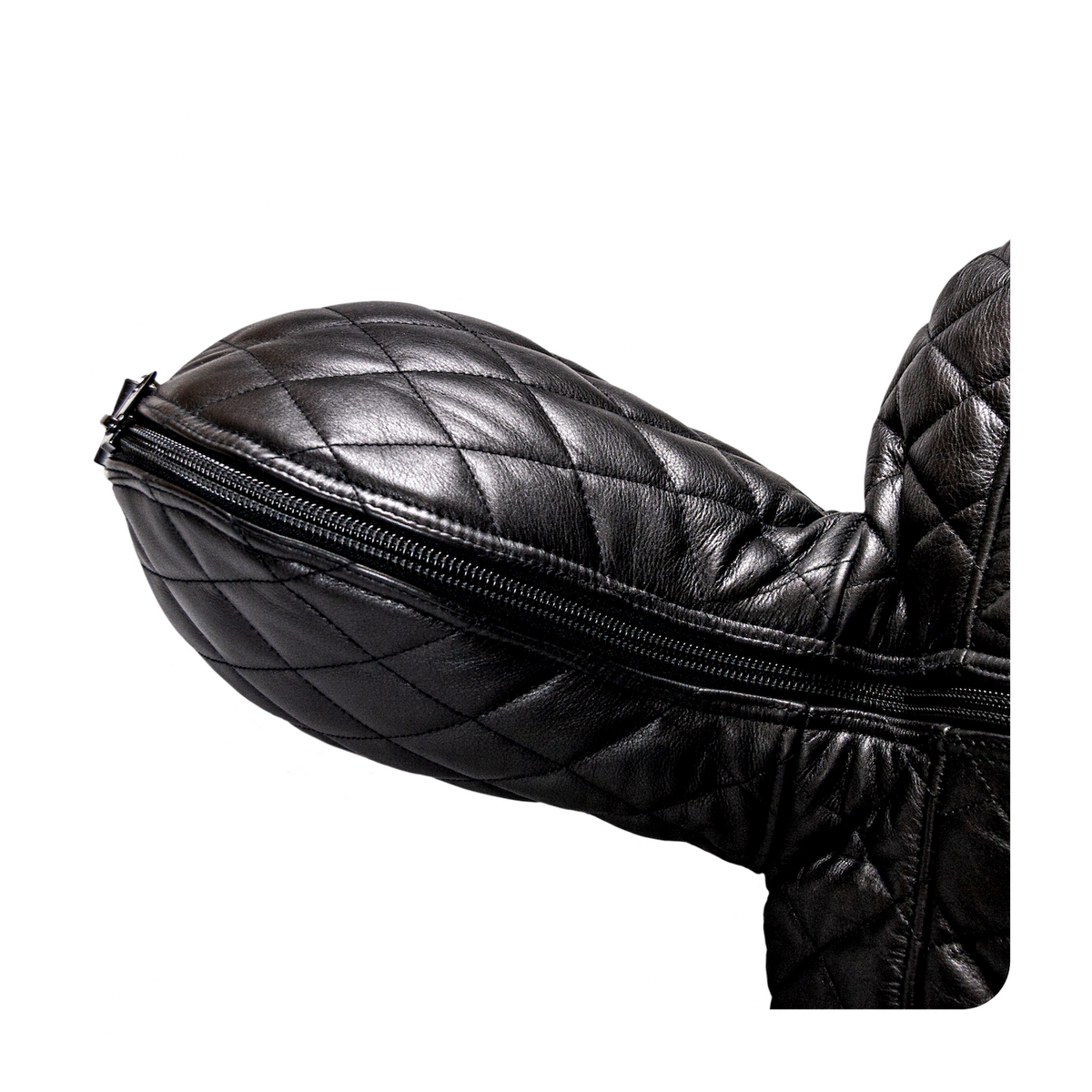 Quilted Leather bondage sleepsack, leather lined, fetish experience, back zip, hooded, internal sleeves. The ultimate in leather bondage