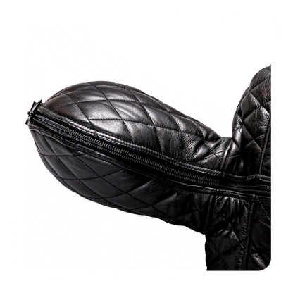 Quilted Leather bondage sleepsack, leather lined, fetish experience, back zip, hooded, internal sleeves. The ultimate in leather bondage