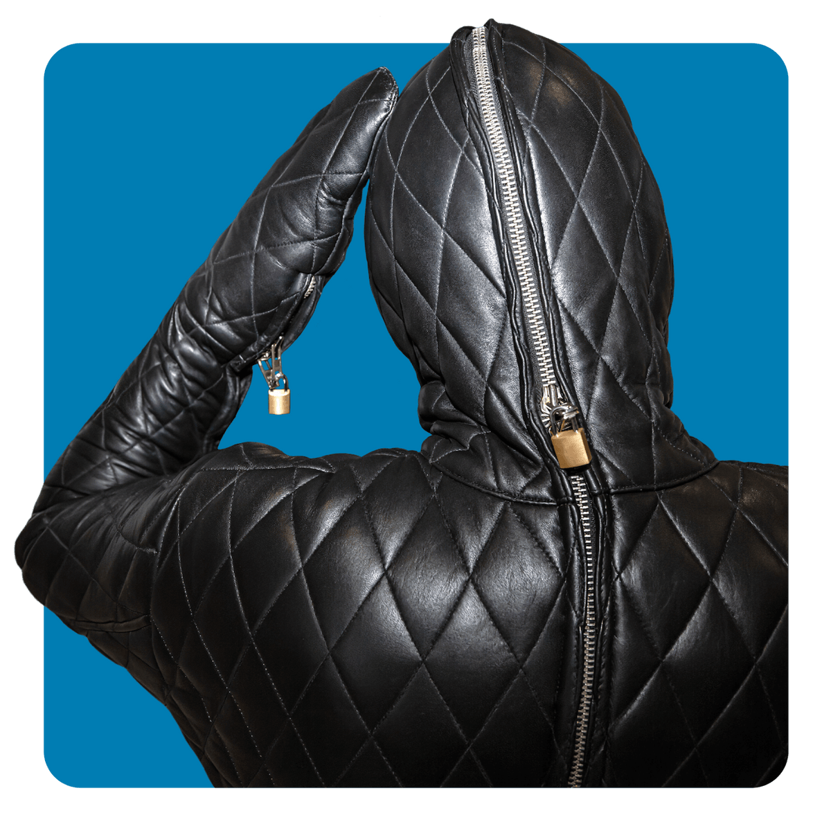 leather bondage suit, total enclosure leather, quilted leather, fetish, dom sub, slave, dungeon