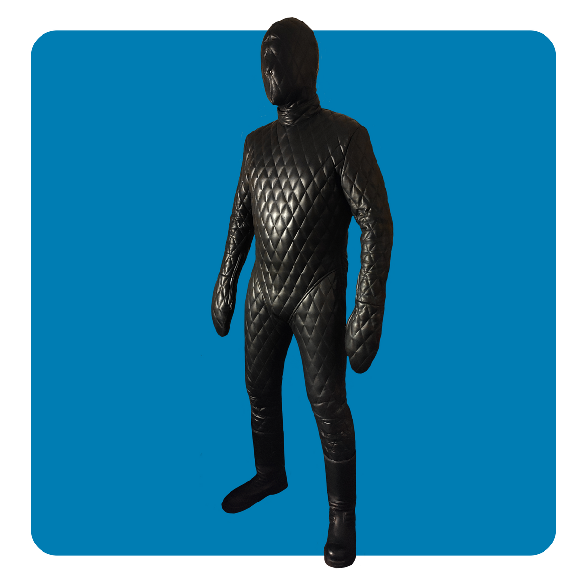 leather bondage suit, total enclosure leather, quilted leather, fetish, dom sub, slave, dungeon