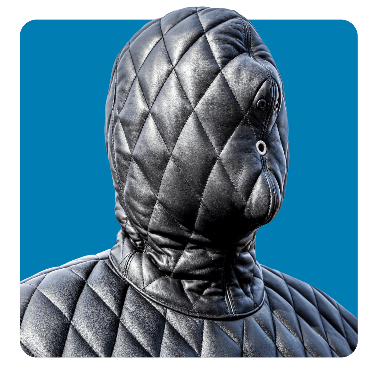 leather bondage suit, total enclosure leather, quilted leather, fetish, dom sub, slave, dungeon